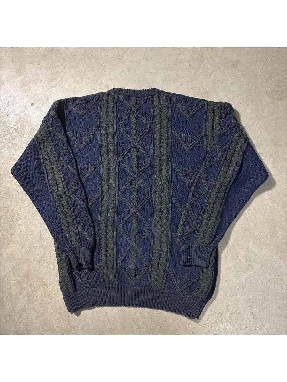 Vintage 90s Hello Wear Cable Knit Sweater Navy Green Mens LT Cotton